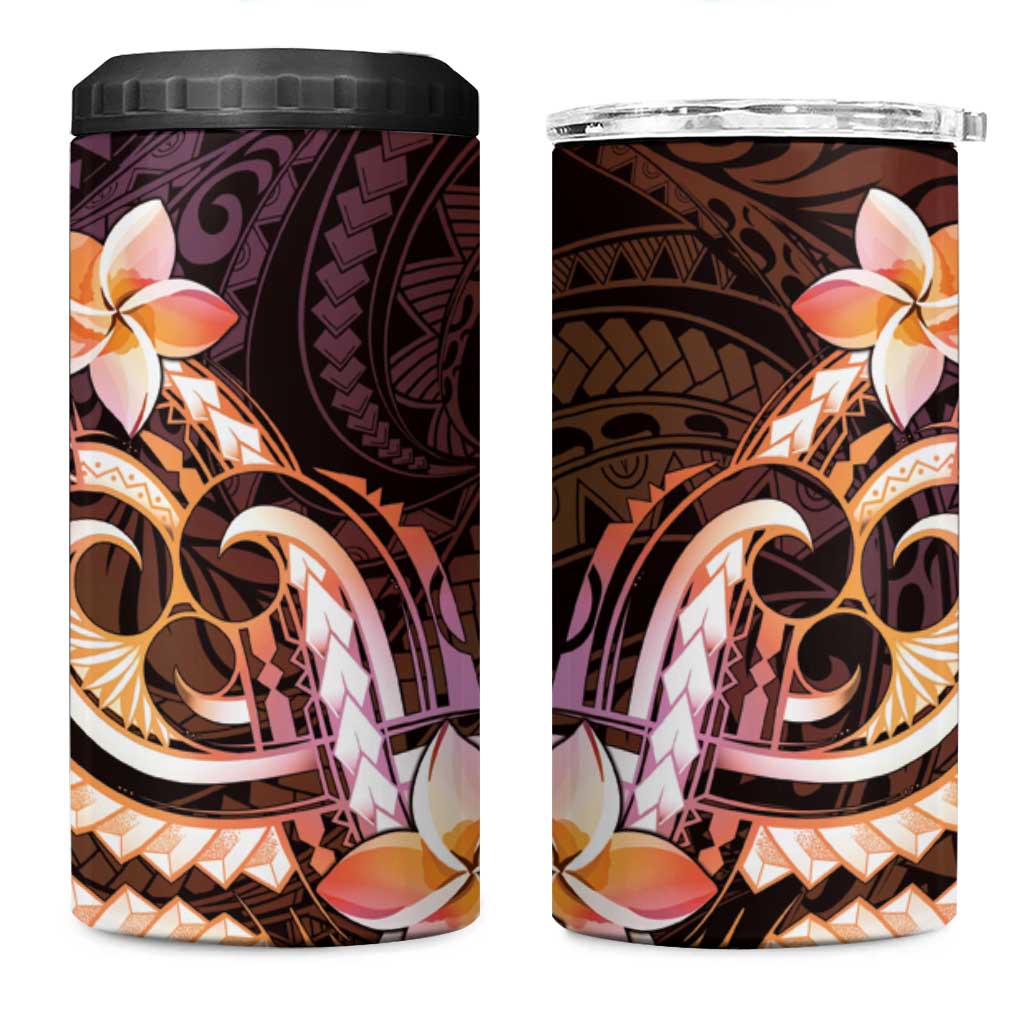 Polynesian Art Tattoo 4 in 1 Can Cooler Tumbler Plumeria Flowers Peach Gradient