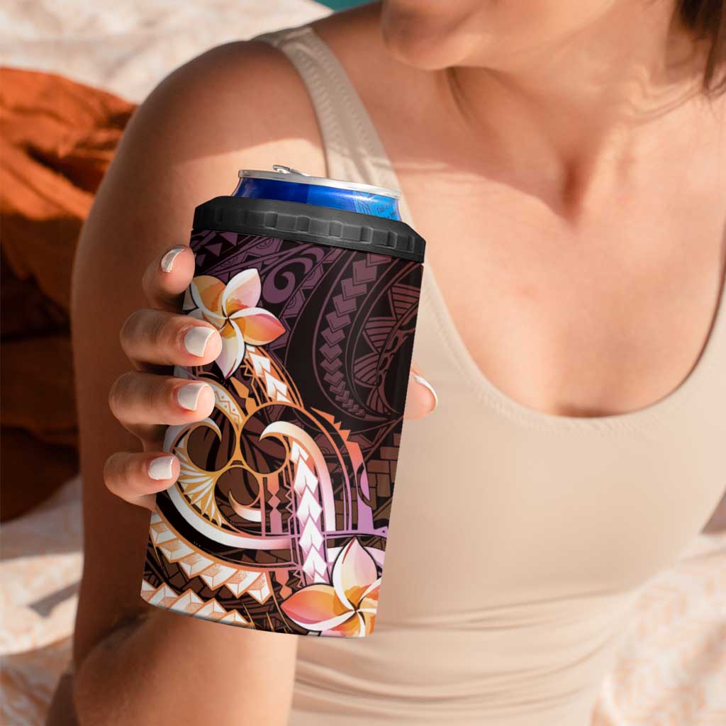 Polynesian Art Tattoo 4 in 1 Can Cooler Tumbler Plumeria Flowers Peach Gradient