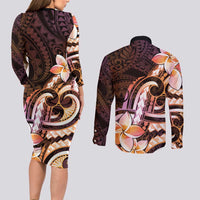 Polynesian Art Tattoo Couples Matching Long Sleeve Bodycon Dress and Long Sleeve Button Shirt Plumeria Flowers Peach Gradient