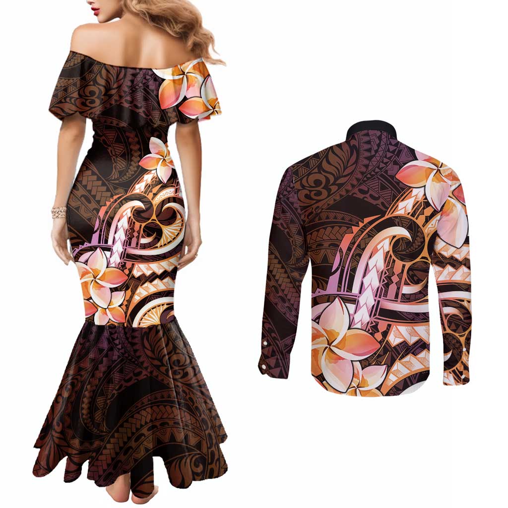 Polynesian Art Tattoo Couples Matching Mermaid Dress and Long Sleeve Button Shirt Plumeria Flowers Peach Gradient LT05 - Polynesian Pride