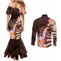 Polynesian Art Tattoo Couples Matching Mermaid Dress and Long Sleeve Button Shirt Plumeria Flowers Peach Gradient LT05 - Polynesian Pride