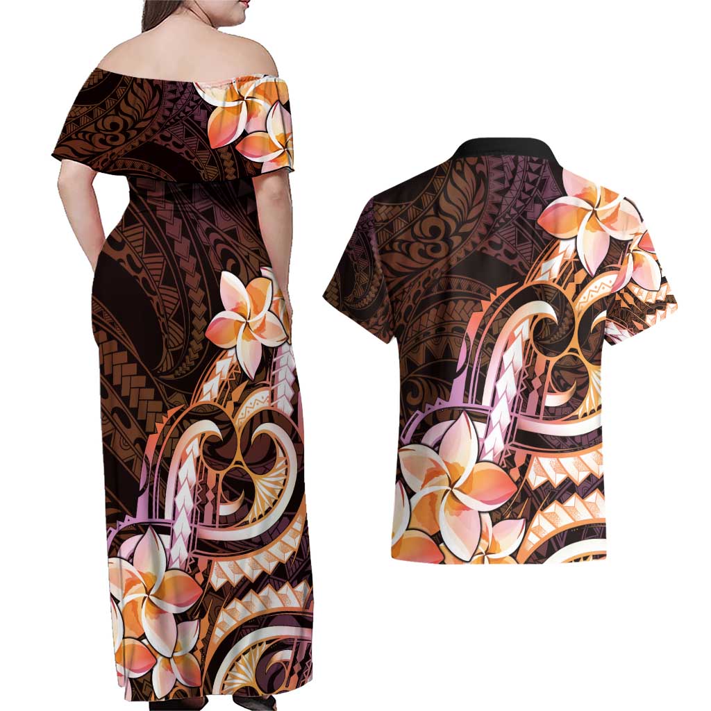 Polynesian Art Tattoo Couples Matching Off Shoulder Maxi Dress and Hawaiian Shirt Plumeria Flowers Peach Gradient LT05 - Polynesian Pride