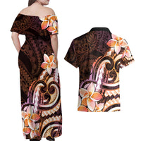 Polynesian Art Tattoo Couples Matching Off Shoulder Maxi Dress and Hawaiian Shirt Plumeria Flowers Peach Gradient LT05 - Polynesian Pride