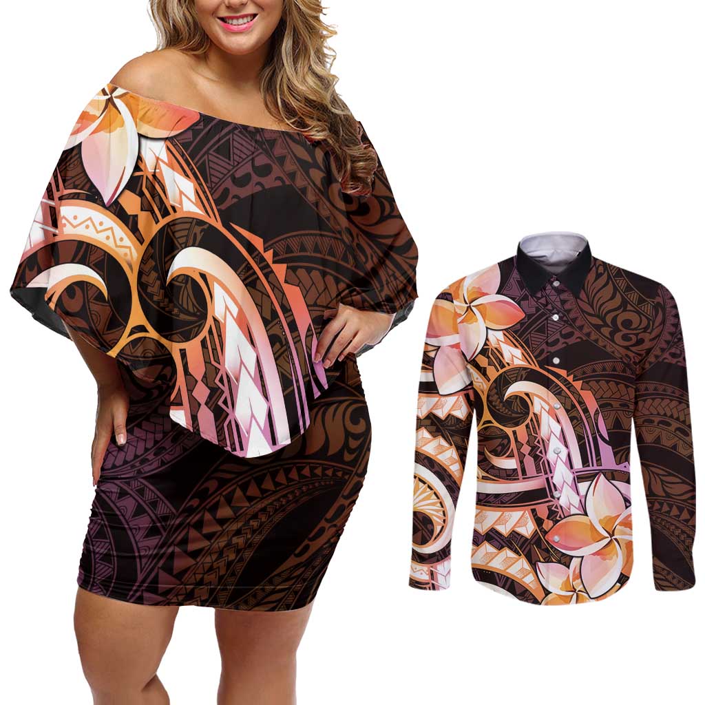 Polynesian Art Tattoo Couples Matching Off Shoulder Short Dress and Long Sleeve Button Shirt Plumeria Flowers Peach Gradient LT05 Peach - Polynesian Pride