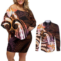 Polynesian Art Tattoo Couples Matching Off Shoulder Short Dress and Long Sleeve Button Shirt Plumeria Flowers Peach Gradient LT05 Peach - Polynesian Pride