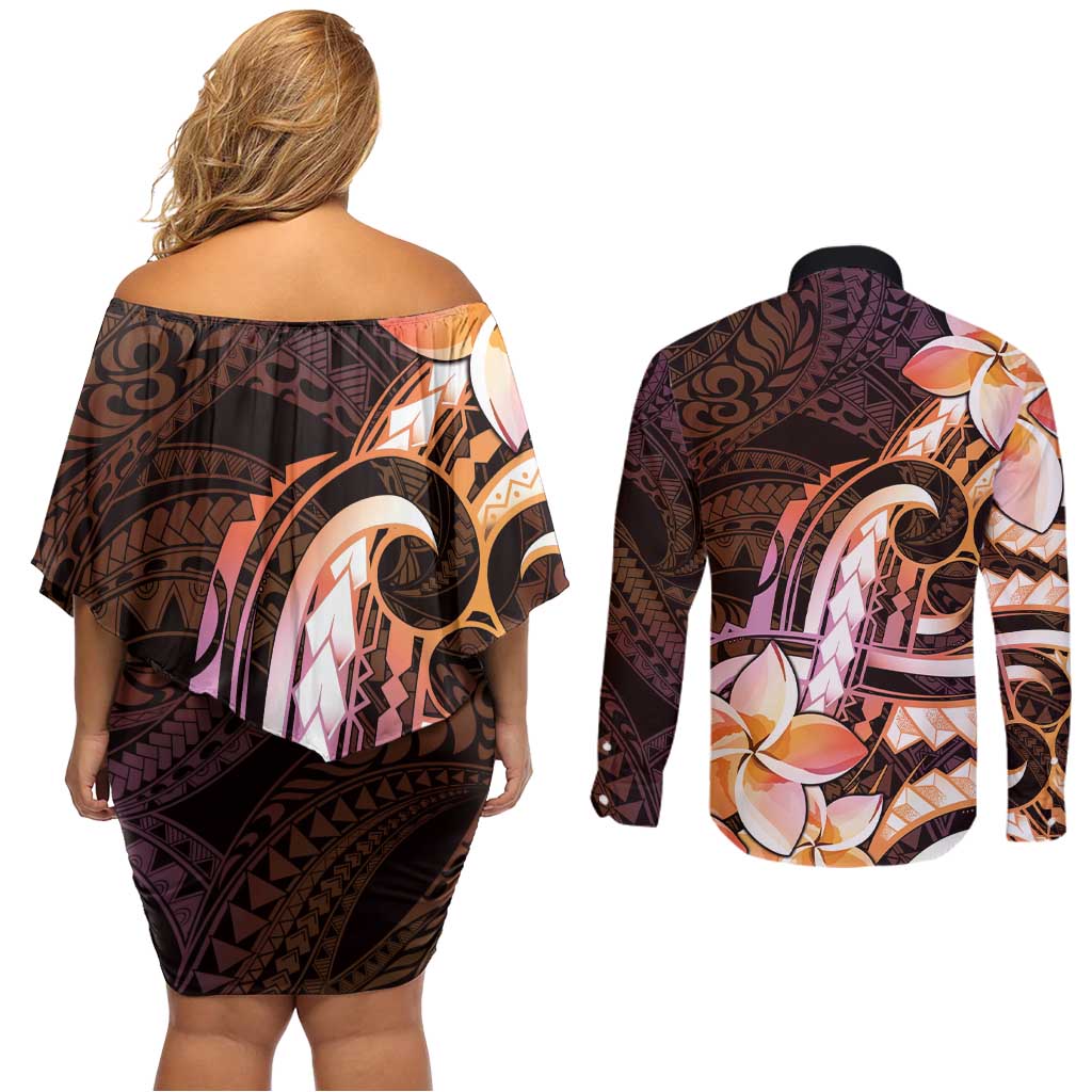Polynesian Art Tattoo Couples Matching Off Shoulder Short Dress and Long Sleeve Button Shirt Plumeria Flowers Peach Gradient LT05 - Polynesian Pride