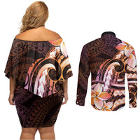 Polynesian Art Tattoo Couples Matching Off Shoulder Short Dress and Long Sleeve Button Shirt Plumeria Flowers Peach Gradient LT05 - Polynesian Pride