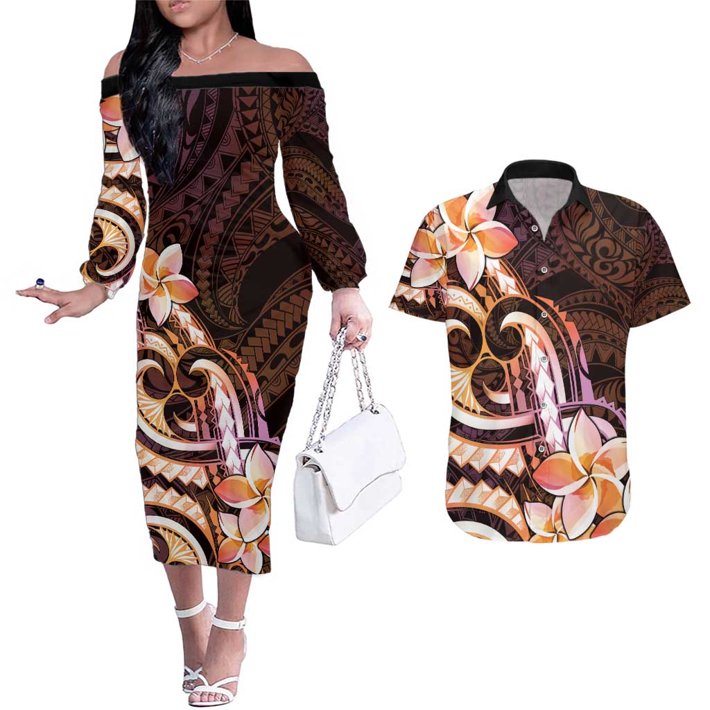 Polynesian Art Tattoo Couples Matching Off The Shoulder Long Sleeve Dress and Hawaiian Shirt Plumeria Flowers Peach Gradient LT05 Peach - Polynesian Pride
