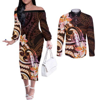 Polynesian Art Tattoo Couples Matching Off The Shoulder Long Sleeve Dress and Long Sleeve Button Shirt Plumeria Flowers Peach Gradient