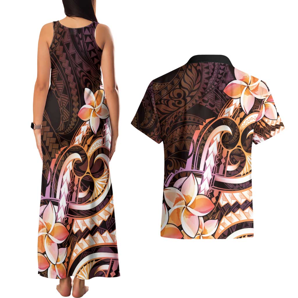 Polynesian Art Tattoo Couples Matching Tank Maxi Dress and Hawaiian Shirt Plumeria Flowers Peach Gradient