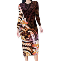 Polynesian Art Tattoo Family Matching Long Sleeve Bodycon Dress and Hawaiian Shirt Plumeria Flowers Peach Gradient LT05 Mom's Dress Peach - Polynesian Pride