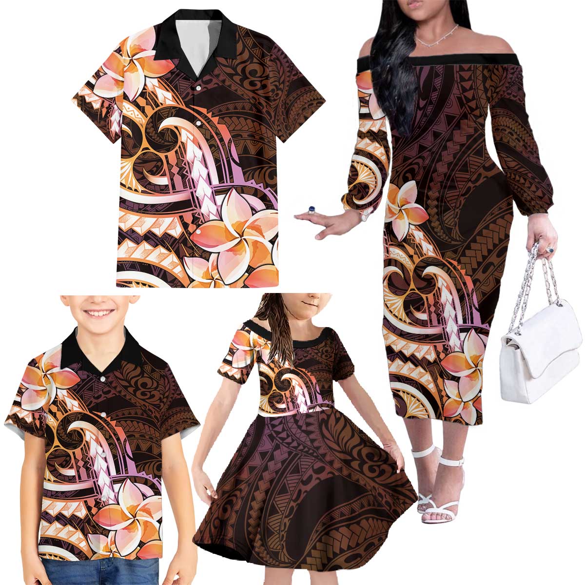 Polynesian Art Tattoo Family Matching Off The Shoulder Long Sleeve Dress and Hawaiian Shirt Plumeria Flowers Peach Gradient LT05 - Polynesian Pride