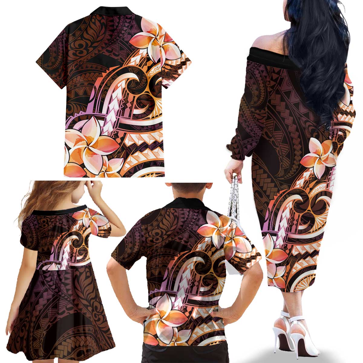 Polynesian Art Tattoo Family Matching Off The Shoulder Long Sleeve Dress and Hawaiian Shirt Plumeria Flowers Peach Gradient LT05 - Polynesian Pride