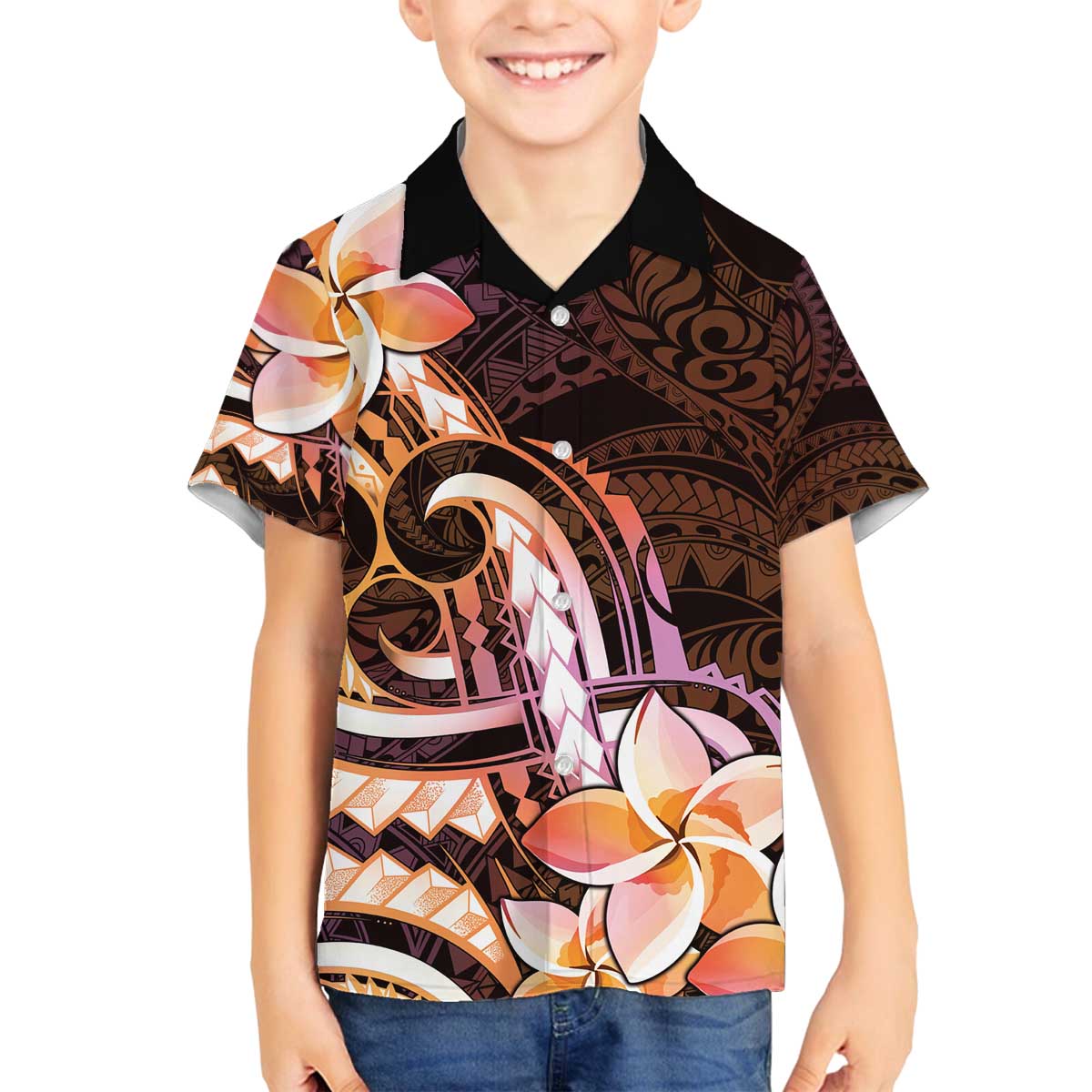 Polynesian Art Tattoo Family Matching Off The Shoulder Long Sleeve Dress and Hawaiian Shirt Plumeria Flowers Peach Gradient LT05 Son's Shirt Peach - Polynesian Pride