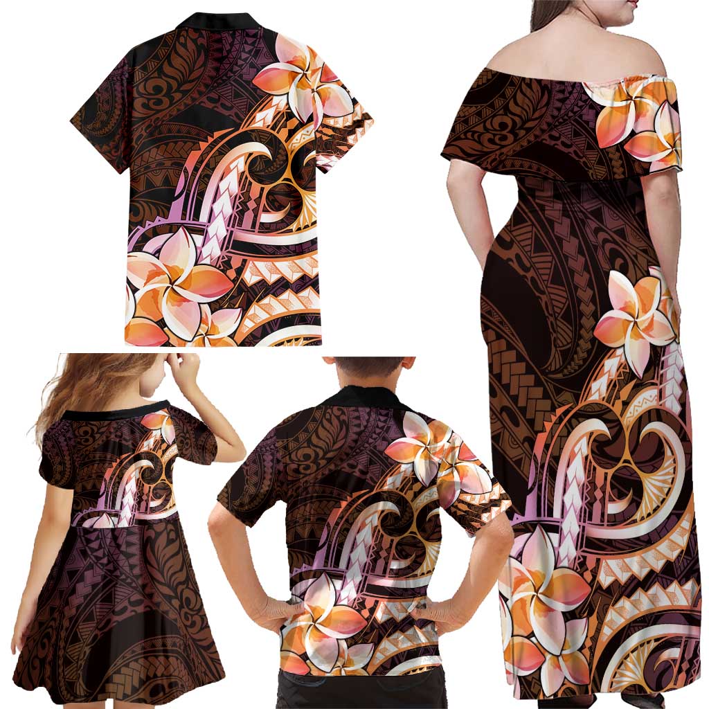 Polynesian Art Tattoo Family Matching Off Shoulder Maxi Dress and Hawaiian Shirt Plumeria Flowers Peach Gradient