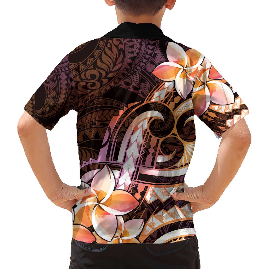 Polynesian Art Tattoo Family Matching Off Shoulder Short Dress and Hawaiian Shirt Plumeria Flowers Peach Gradient LT05 - Polynesian Pride