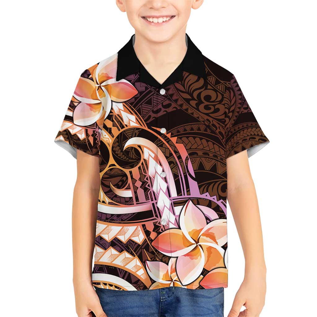 Polynesian Art Tattoo Family Matching Off Shoulder Short Dress and Hawaiian Shirt Plumeria Flowers Peach Gradient LT05 Son's Shirt Peach - Polynesian Pride