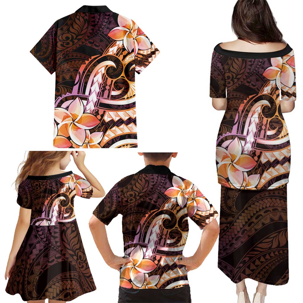 Polynesian Art Tattoo Family Matching Puletasi and Hawaiian Shirt Plumeria Flowers Peach Gradient
