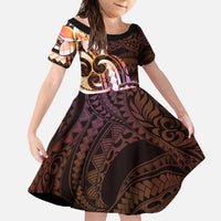 Polynesian Art Tattoo Family Matching Short Sleeve Bodycon Dress and Hawaiian Shirt Plumeria Flowers Peach Gradient LT05 Daughter's Dress Peach - Polynesian Pride