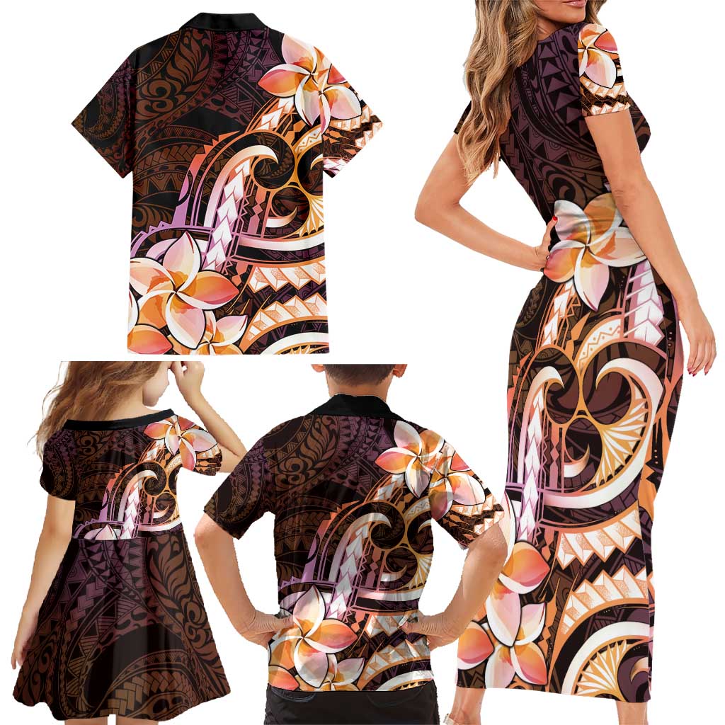 Polynesian Art Tattoo Family Matching Short Sleeve Bodycon Dress and Hawaiian Shirt Plumeria Flowers Peach Gradient LT05 - Polynesian Pride