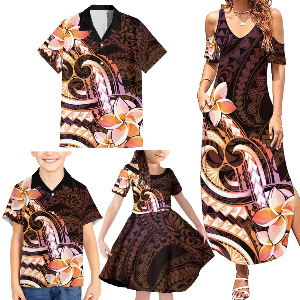 Polynesian Art Tattoo Family Matching Summer Maxi Dress and Hawaiian Shirt Plumeria Flowers Peach Gradient