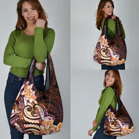 Polynesian Art Tattoo Grocery Bag Plumeria Flowers Peach Gradient