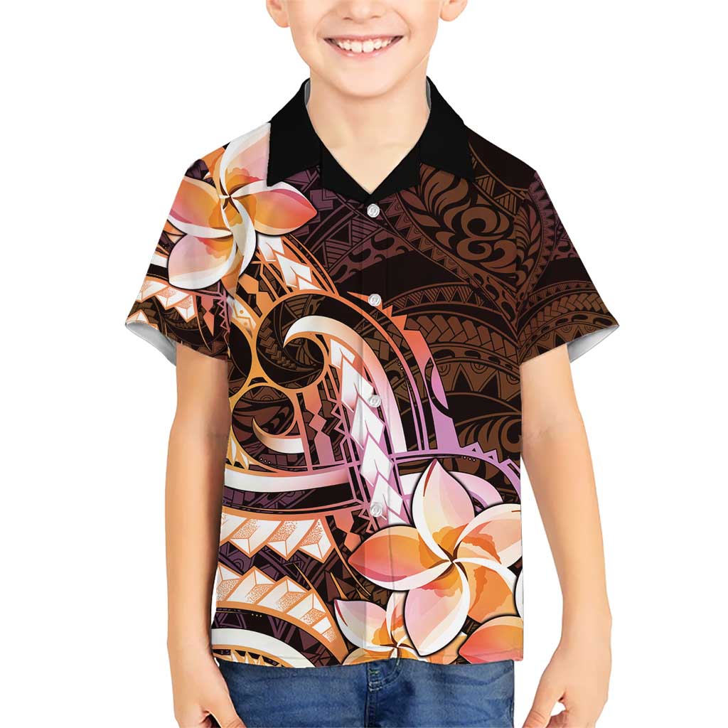 Polynesian Art Tattoo Kid Hawaiian Shirt Plumeria Flowers Peach Gradient
