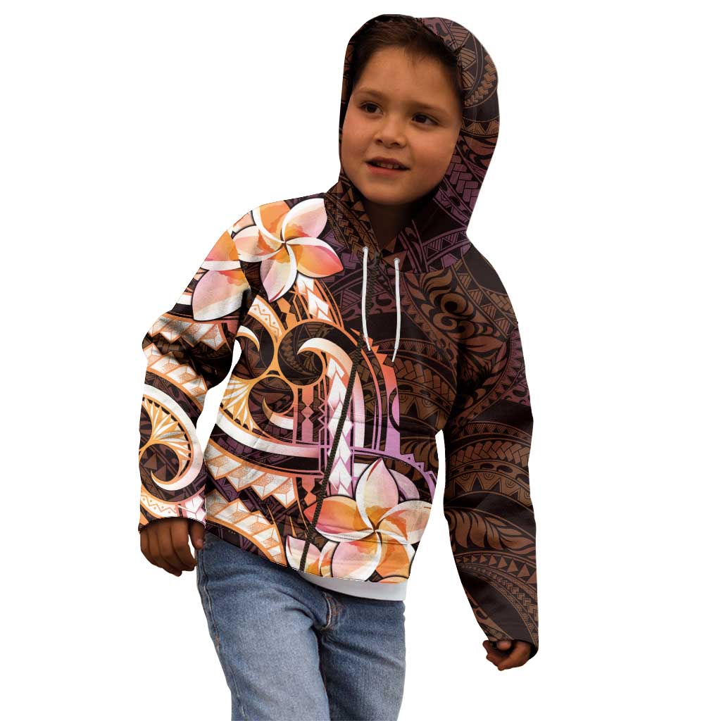 Polynesian Art Tattoo Kid Hoodie Plumeria Flowers Peach Gradient