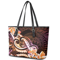Polynesian Art Tattoo Leather Tote Bag Plumeria Flowers Peach Gradient