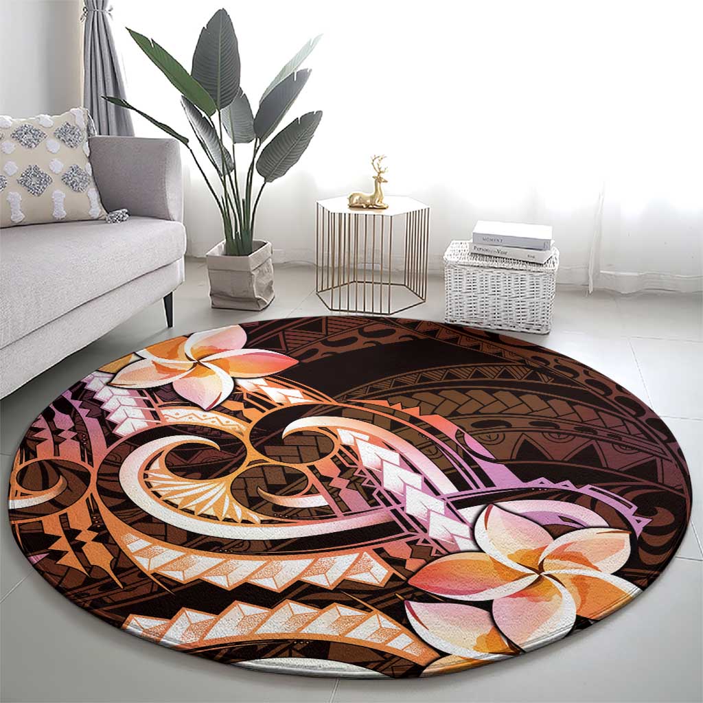 Polynesian Art Tattoo Round Carpet Plumeria Flowers Peach Gradient