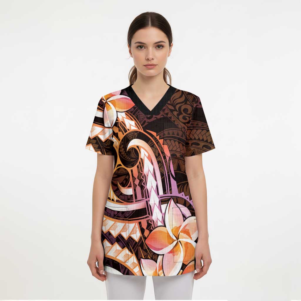 Polynesian Art Tattoo Scrub Top Plumeria Flowers Peach Gradient - Polynesian Pride