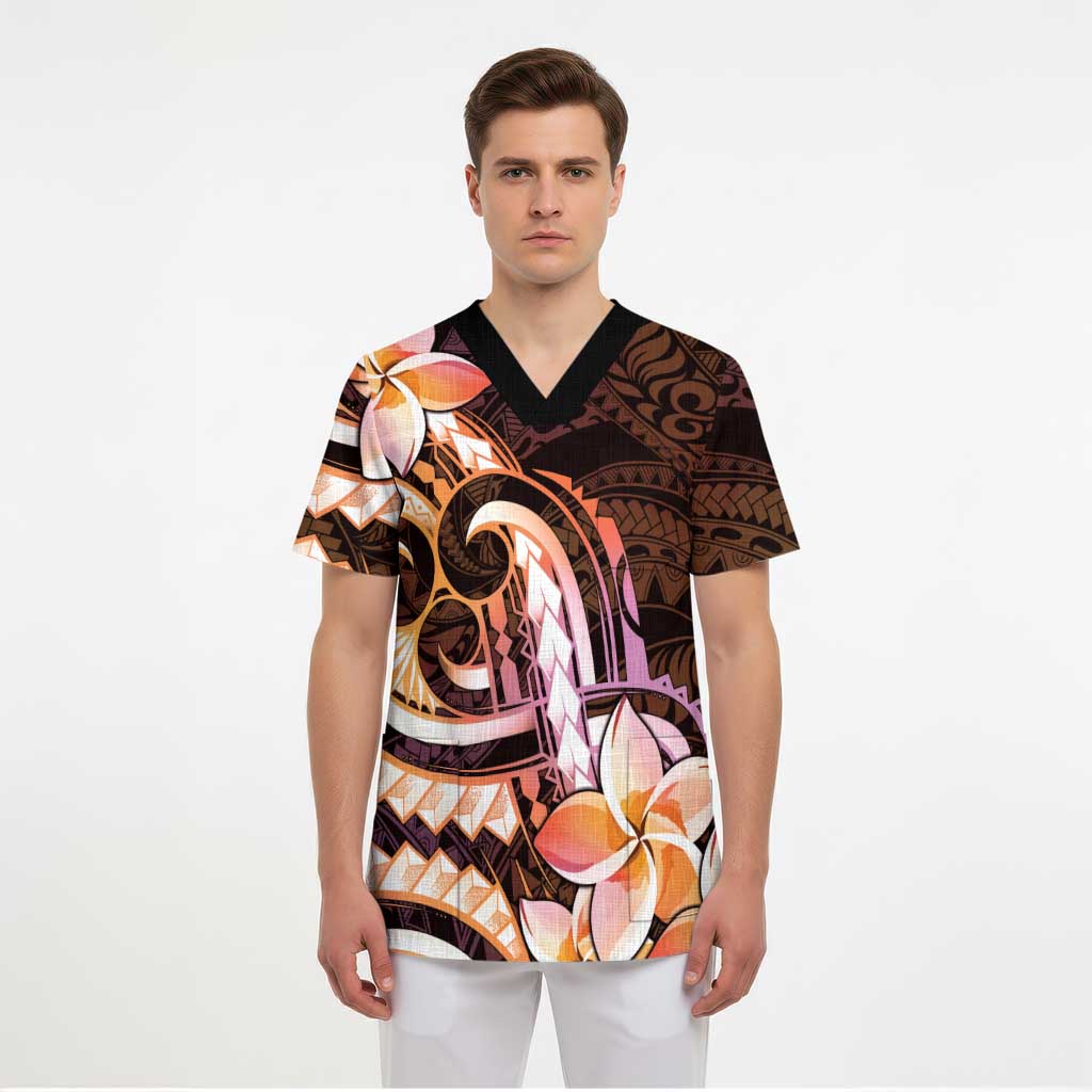 Polynesian Art Tattoo Scrub Top Plumeria Flowers Peach Gradient - Polynesian Pride
