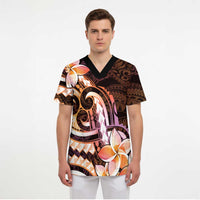 Polynesian Art Tattoo Scrub Top Plumeria Flowers Peach Gradient - Polynesian Pride