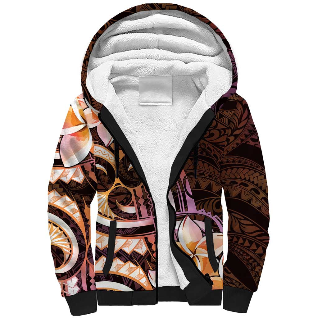 Polynesian Art Tattoo Sherpa Hoodie Plumeria Flowers Peach Gradient