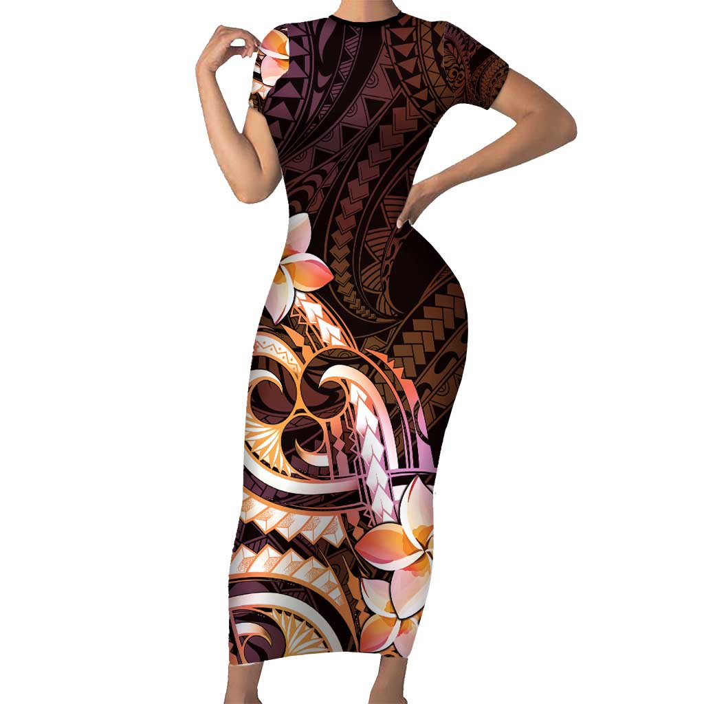 Polynesian Art Tattoo Short Sleeve Bodycon Dress Plumeria Flowers Peach Gradient LT05 Long Dress Peach - Polynesian Pride