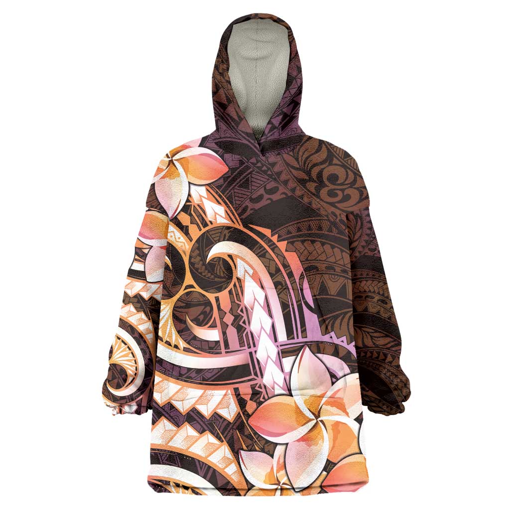 Polynesian Art Tattoo Wearable Blanket Hoodie Plumeria Flowers Peach Gradient