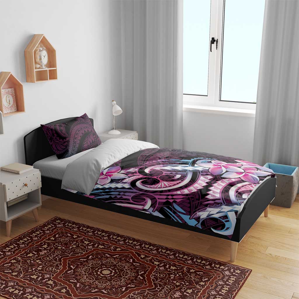Polynesian Art Tattoo Bedding Set Plumeria Flowers Pink Gradient