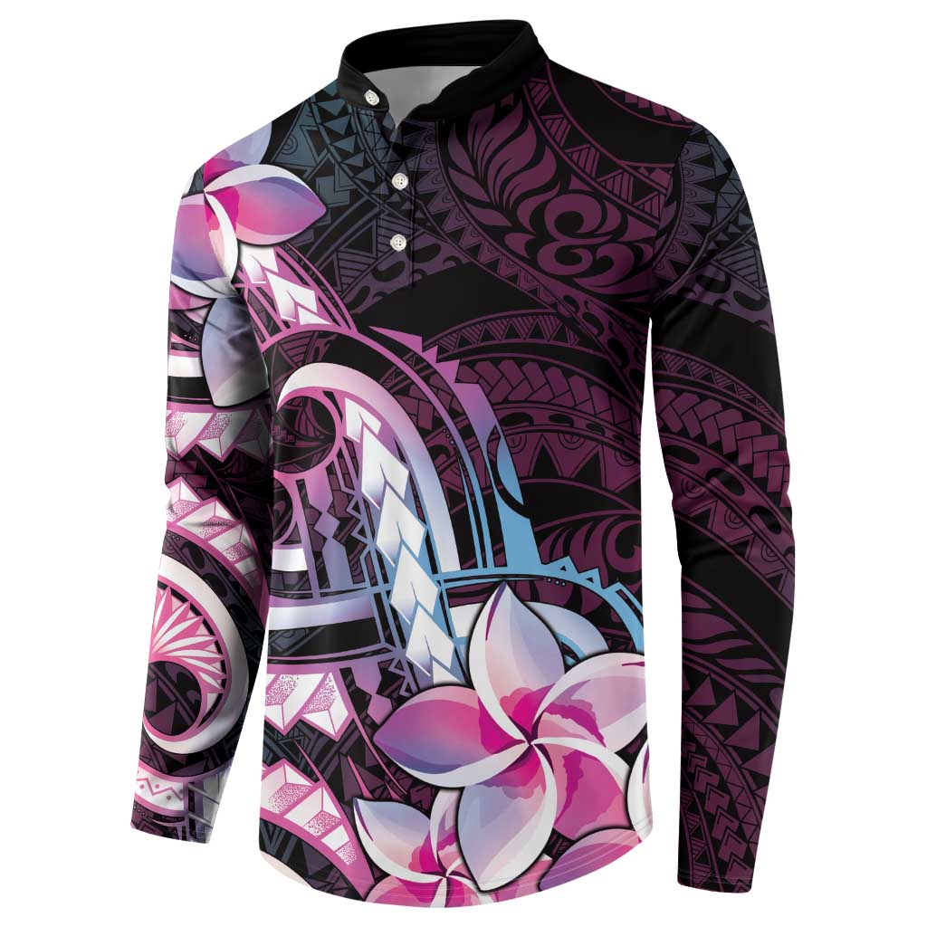 Polynesian Art Tattoo Button Sweatshirt Plumeria Flowers Pink Gradient