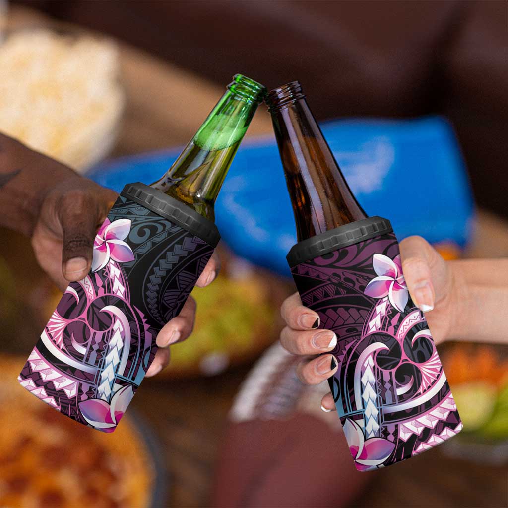 Polynesian Art Tattoo 4 in 1 Can Cooler Tumbler Plumeria Flowers Pink Gradient