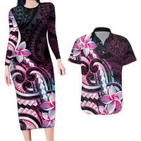Polynesian Art Tattoo Couples Matching Long Sleeve Bodycon Dress and Hawaiian Shirt Plumeria Flowers Pink Gradient LT05 Pink - Polynesian Pride