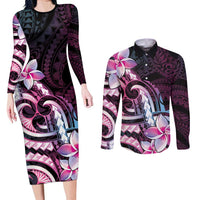 Polynesian Art Tattoo Couples Matching Long Sleeve Bodycon Dress and Long Sleeve Button Shirt Plumeria Flowers Pink Gradient