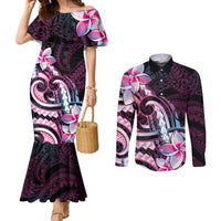 Polynesian Art Tattoo Couples Matching Mermaid Dress and Long Sleeve Button Shirt Plumeria Flowers Pink Gradient