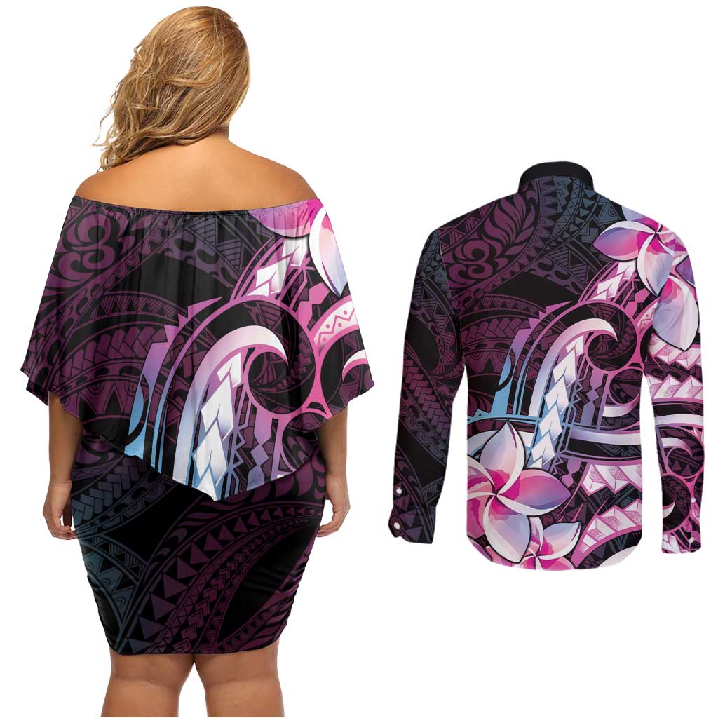 Polynesian Art Tattoo Couples Matching Off Shoulder Short Dress and Long Sleeve Button Shirt Plumeria Flowers Pink Gradient LT05 - Polynesian Pride