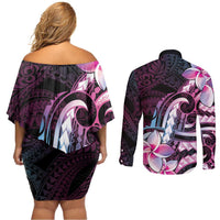 Polynesian Art Tattoo Couples Matching Off Shoulder Short Dress and Long Sleeve Button Shirt Plumeria Flowers Pink Gradient LT05 - Polynesian Pride