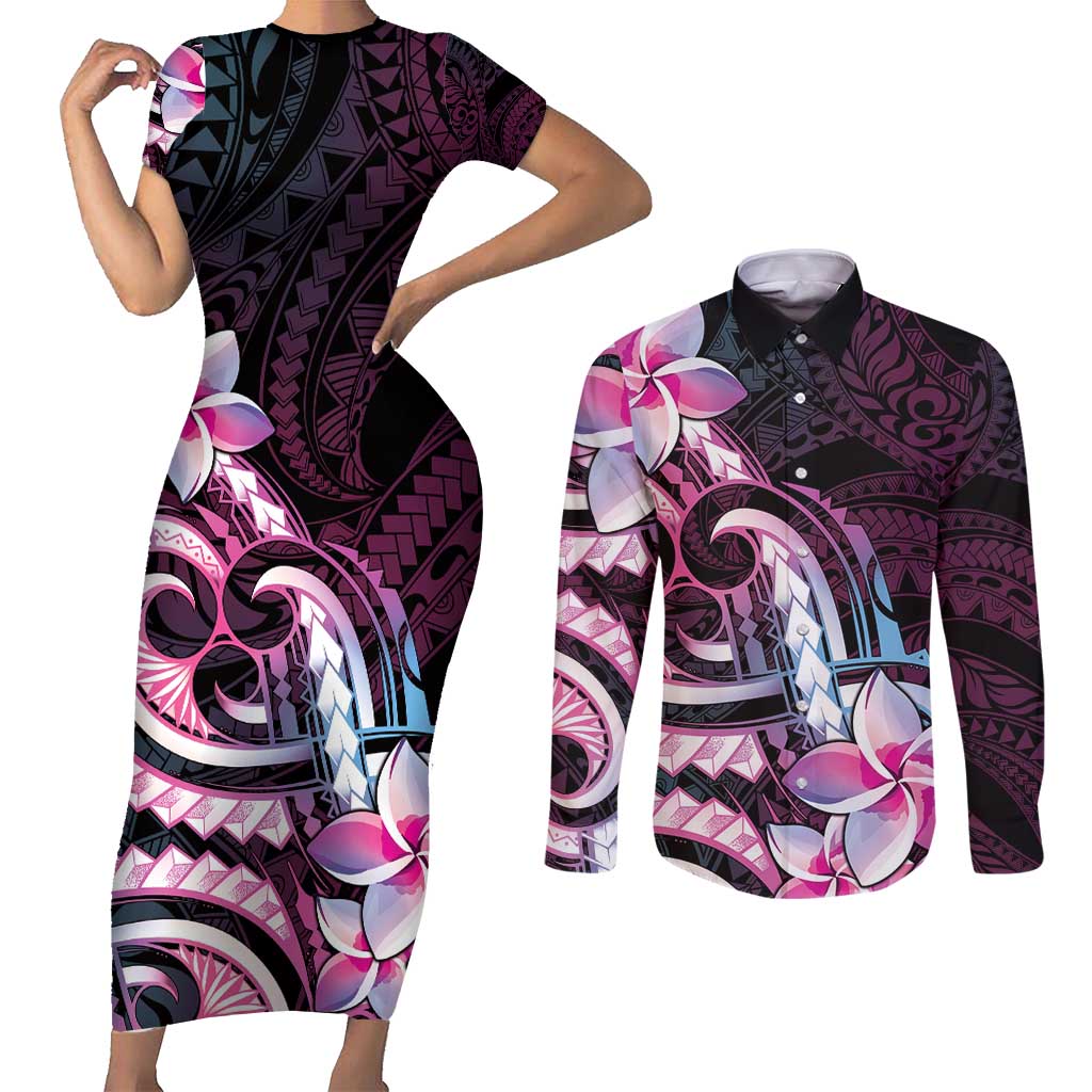 Polynesian Art Tattoo Couples Matching Short Sleeve Bodycon Dress and Long Sleeve Button Shirt Plumeria Flowers Pink Gradient
