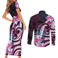 Polynesian Art Tattoo Couples Matching Short Sleeve Bodycon Dress and Long Sleeve Button Shirt Plumeria Flowers Pink Gradient