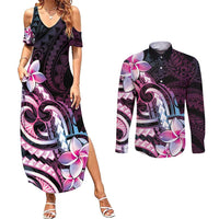Polynesian Art Tattoo Couples Matching Summer Maxi Dress and Long Sleeve Button Shirt Plumeria Flowers Pink Gradient LT05 Pink - Polynesian Pride