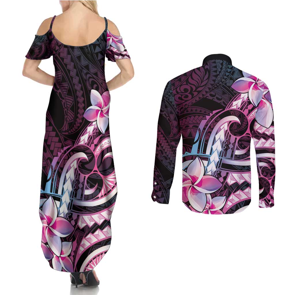 Polynesian Art Tattoo Couples Matching Summer Maxi Dress and Long Sleeve Button Shirt Plumeria Flowers Pink Gradient LT05 - Polynesian Pride