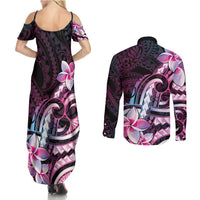 Polynesian Art Tattoo Couples Matching Summer Maxi Dress and Long Sleeve Button Shirt Plumeria Flowers Pink Gradient LT05 - Polynesian Pride