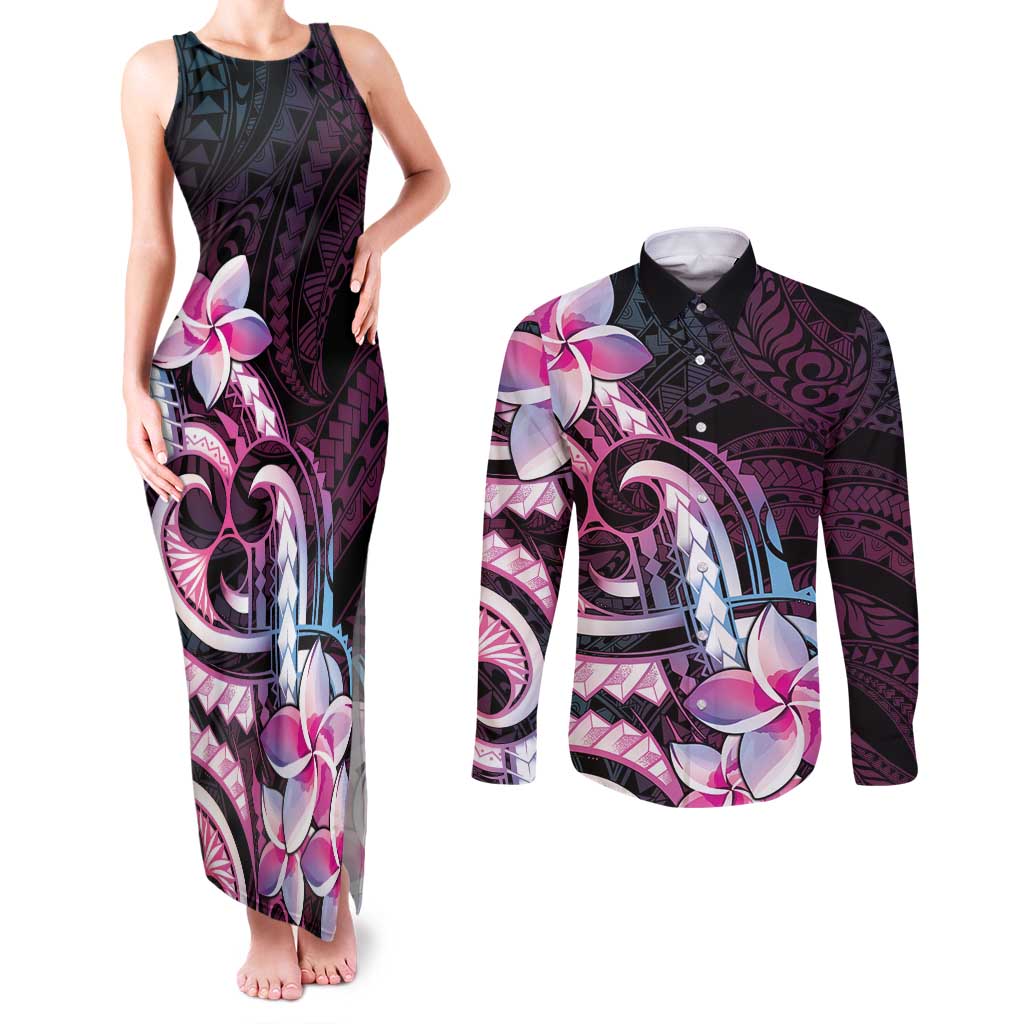 Polynesian Art Tattoo Couples Matching Tank Maxi Dress and Long Sleeve Button Shirt Plumeria Flowers Pink Gradient LT05 Pink - Polynesian Pride